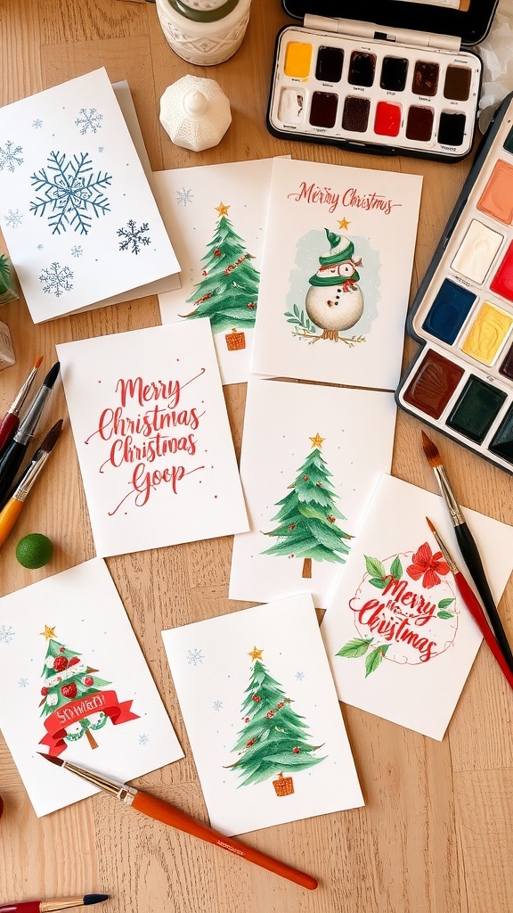 Handmade Christmas Watercolor Card Ideas Handmade Christmas cards with watercolor designs, including snowflakes and Christmas trees, on a crafting table.